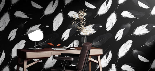 Black White Feather Renter Geometric Wallpaper Pattern – room setting, Golden Era Walls