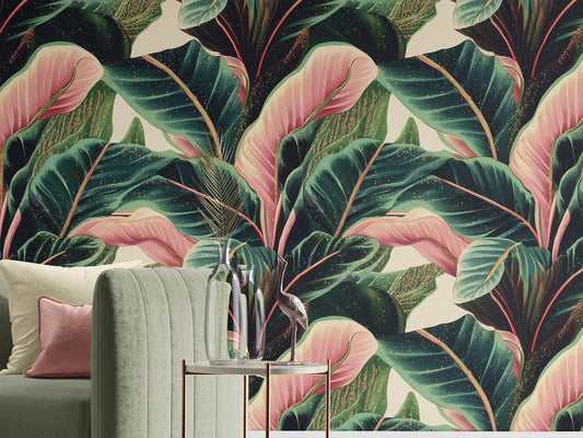 Bold Tropical Banana Leaf Floral Wallpaper Pattern – peel and stick wallpaper mural, Golden Era Walls