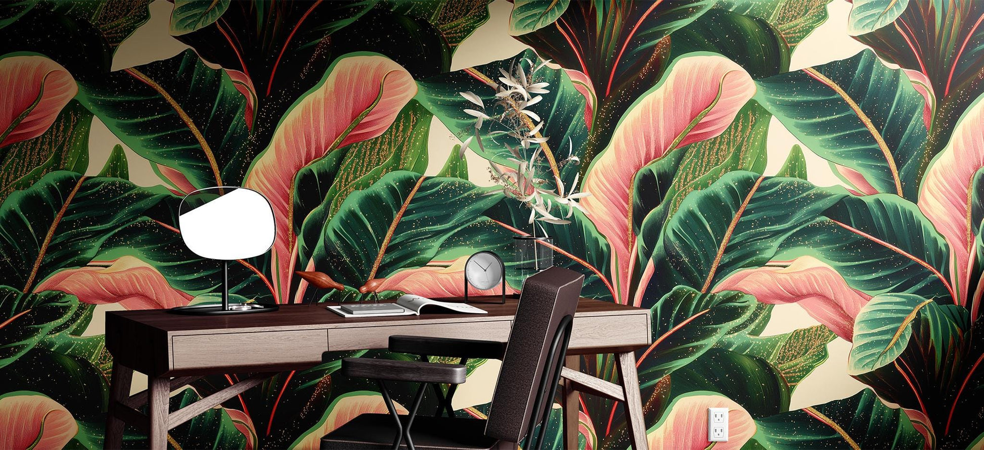 Bold Tropical Banana Leaf Floral Wallpaper Pattern – room setting, Golden Era Walls