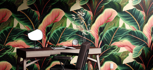 Bold Tropical Banana Leaf Floral Wallpaper Pattern – room setting, Golden Era Walls