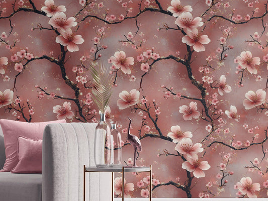Cherry Blossom Renter Friendly Floral Wallpaper Pattern – peel and stick wallpaper mural, Golden Era Walls