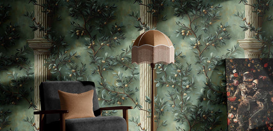 Classic Mediterranean Renter Friendly Floral Wallpaper Pattern – detail view, Golden Era Walls
