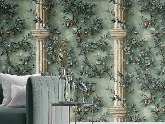 Classic Mediterranean Renter Friendly Floral Wallpaper Pattern – room setting, Golden Era Walls
