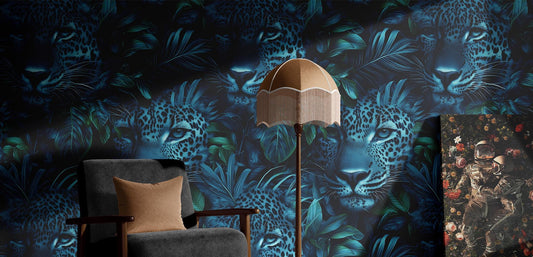 Dark Safari Animal Print Tropical Wallpaper Pattern – room setting, Golden Era Walls