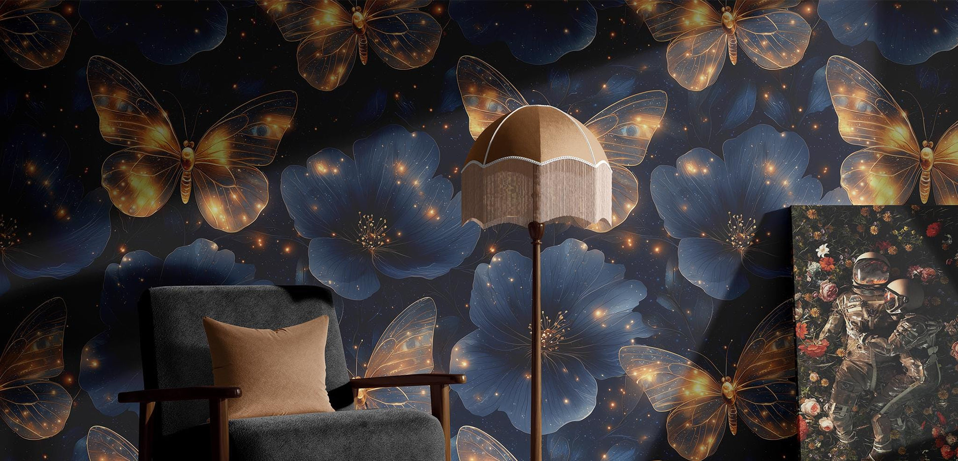 Dark Starry Floral Renter Floral Wallpaper Pattern – detail view, Golden Era Walls