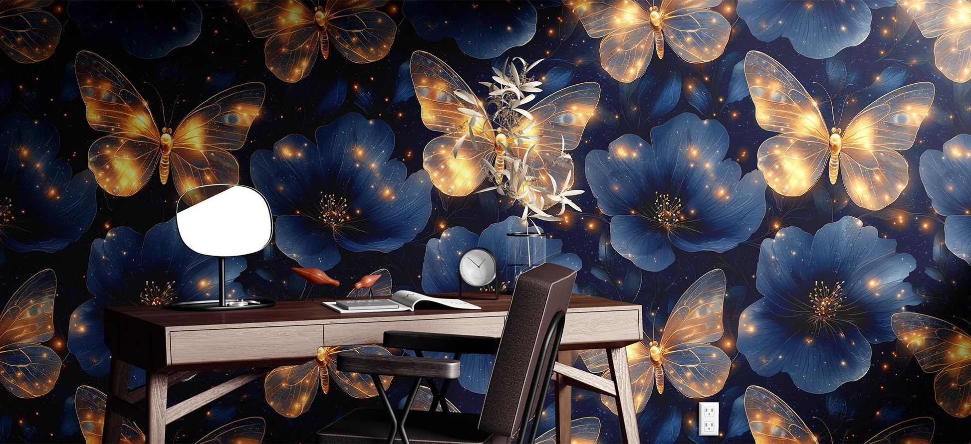 Dark Starry Floral Renter Floral Wallpaper Pattern – room setting, Golden Era Walls