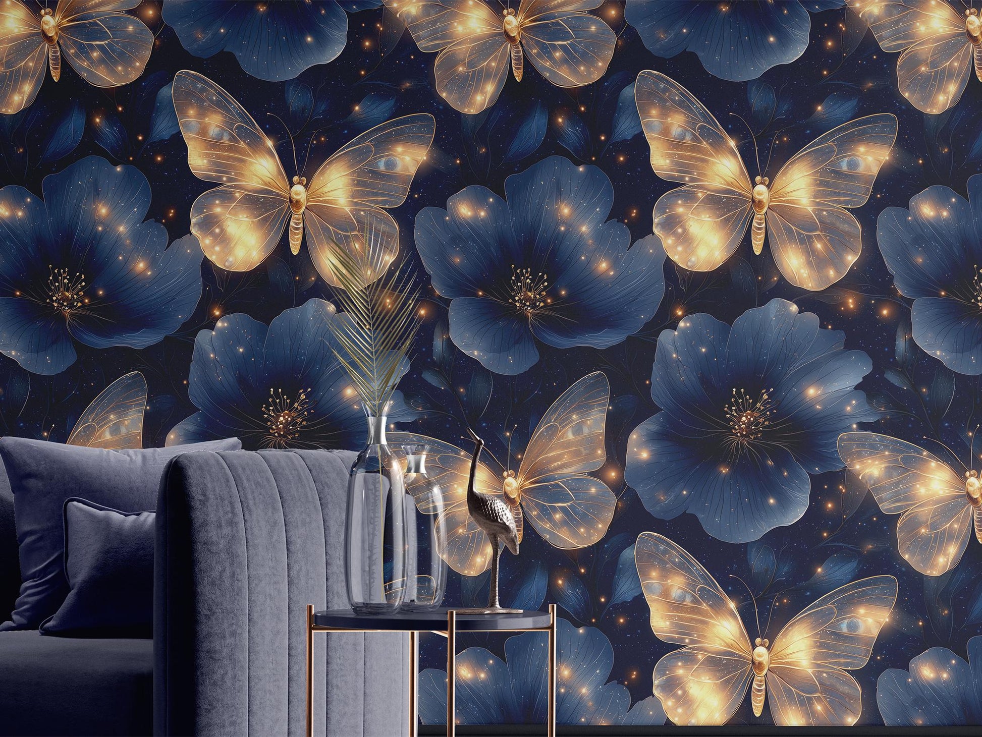Dark Starry Floral Renter Floral Wallpaper Pattern – peel and stick wallpaper mural, Golden Era Walls