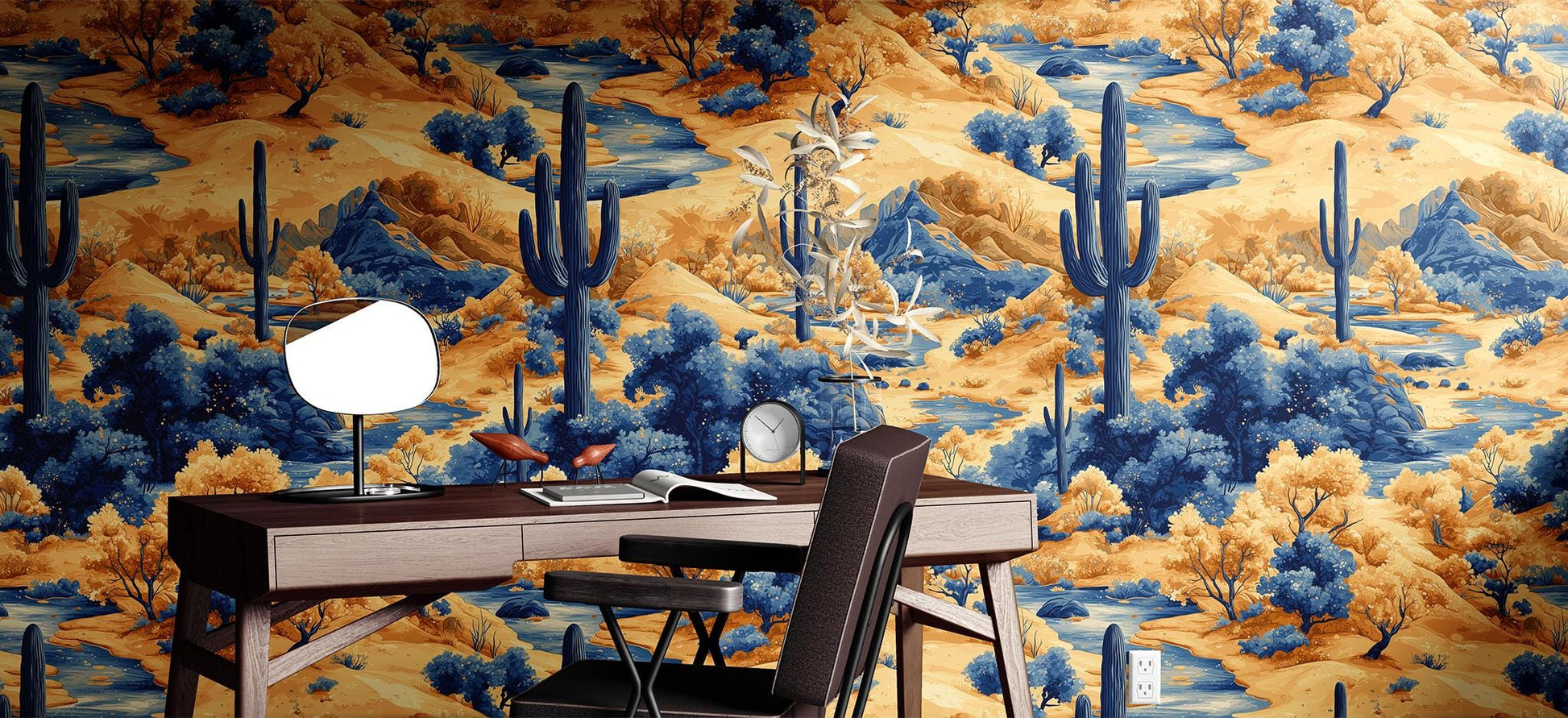 Desert Oasis Renter Friendly Wallpaper Pattern – room setting, Golden Era Walls