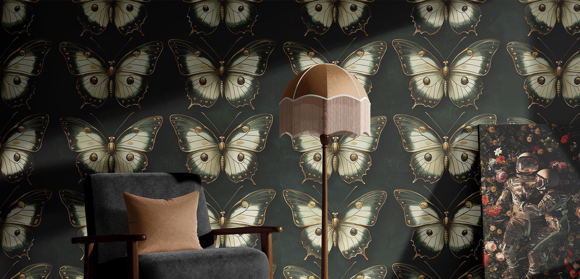 Emerald Green Butterfly Renter Floral Wallpaper Pattern – detail view, Golden Era Walls