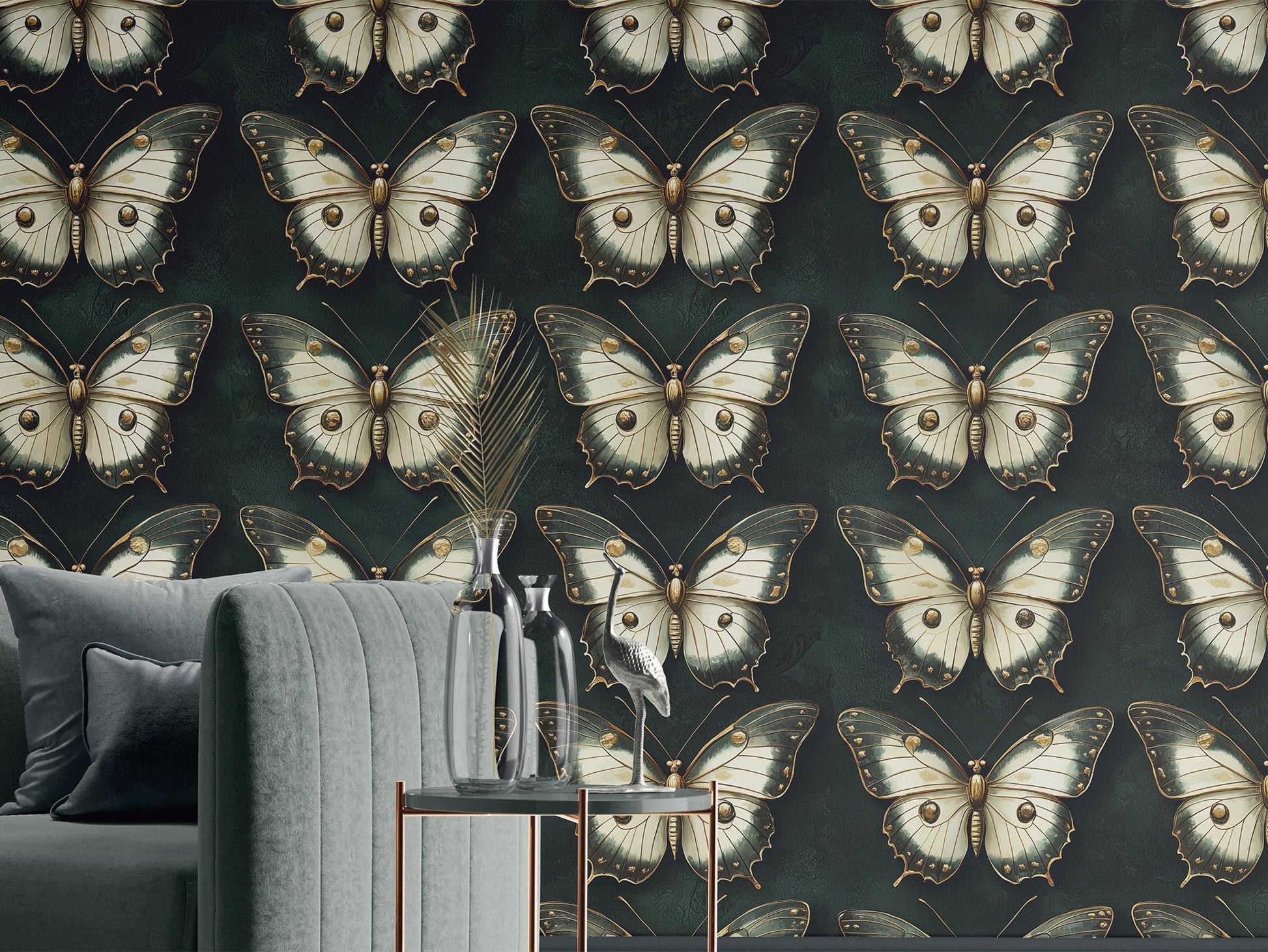 Emerald Green Butterfly Renter Floral Wallpaper Pattern – lifestyle view, Golden Era Walls