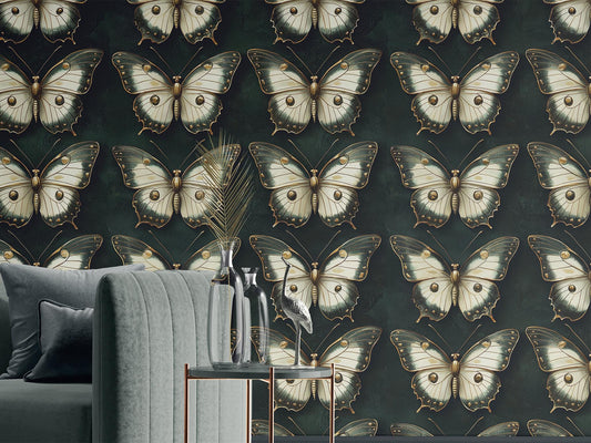 Emerald Green Butterfly Renter Floral Wallpaper Pattern – lifestyle view, Golden Era Walls