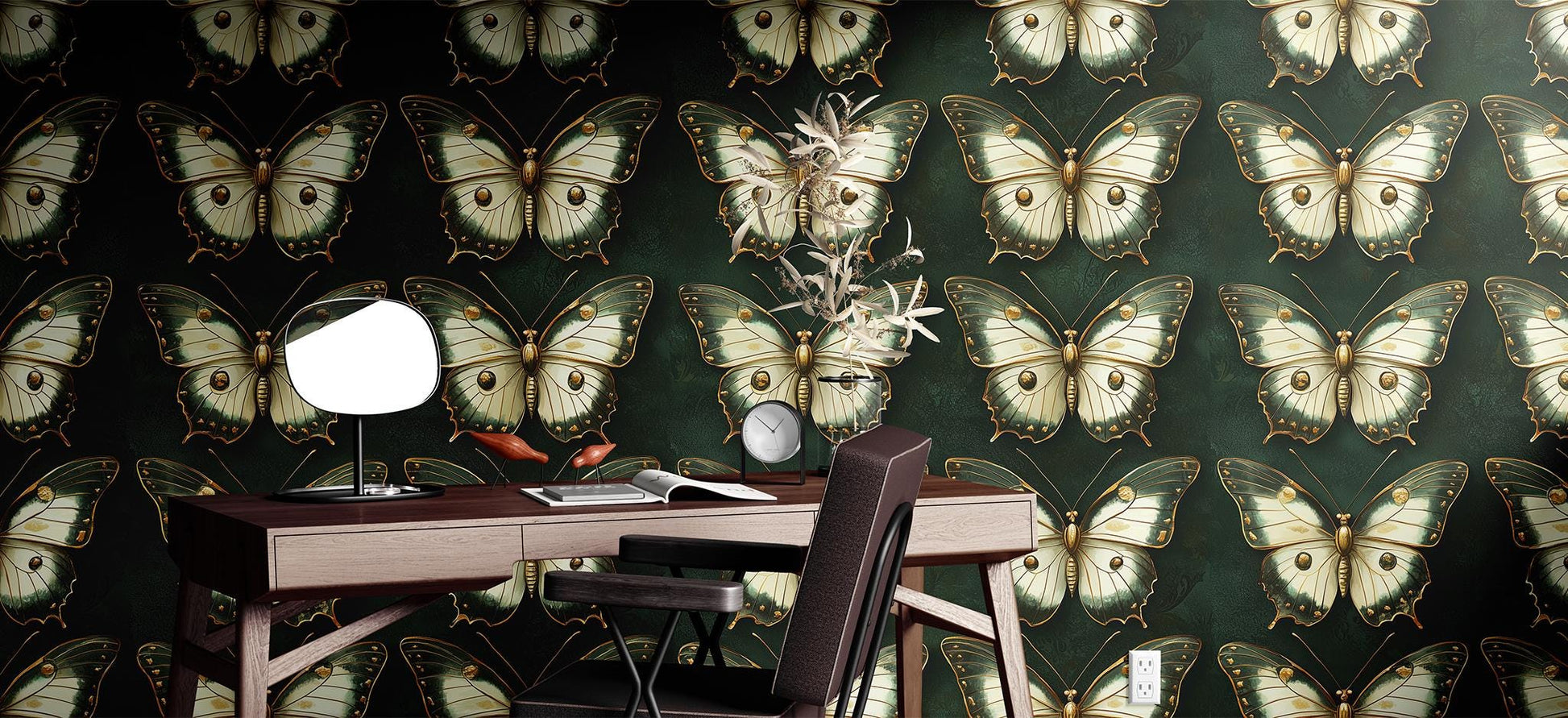 Emerald Green Butterfly Renter Floral Wallpaper Pattern – peel and stick wallpaper mural, Golden Era Walls
