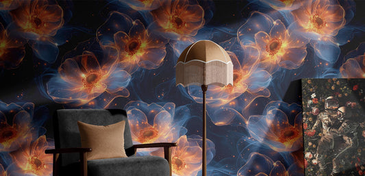 Glowing Floral Galaxy Renter Floral Wallpaper Pattern – room setting, Golden Era Walls