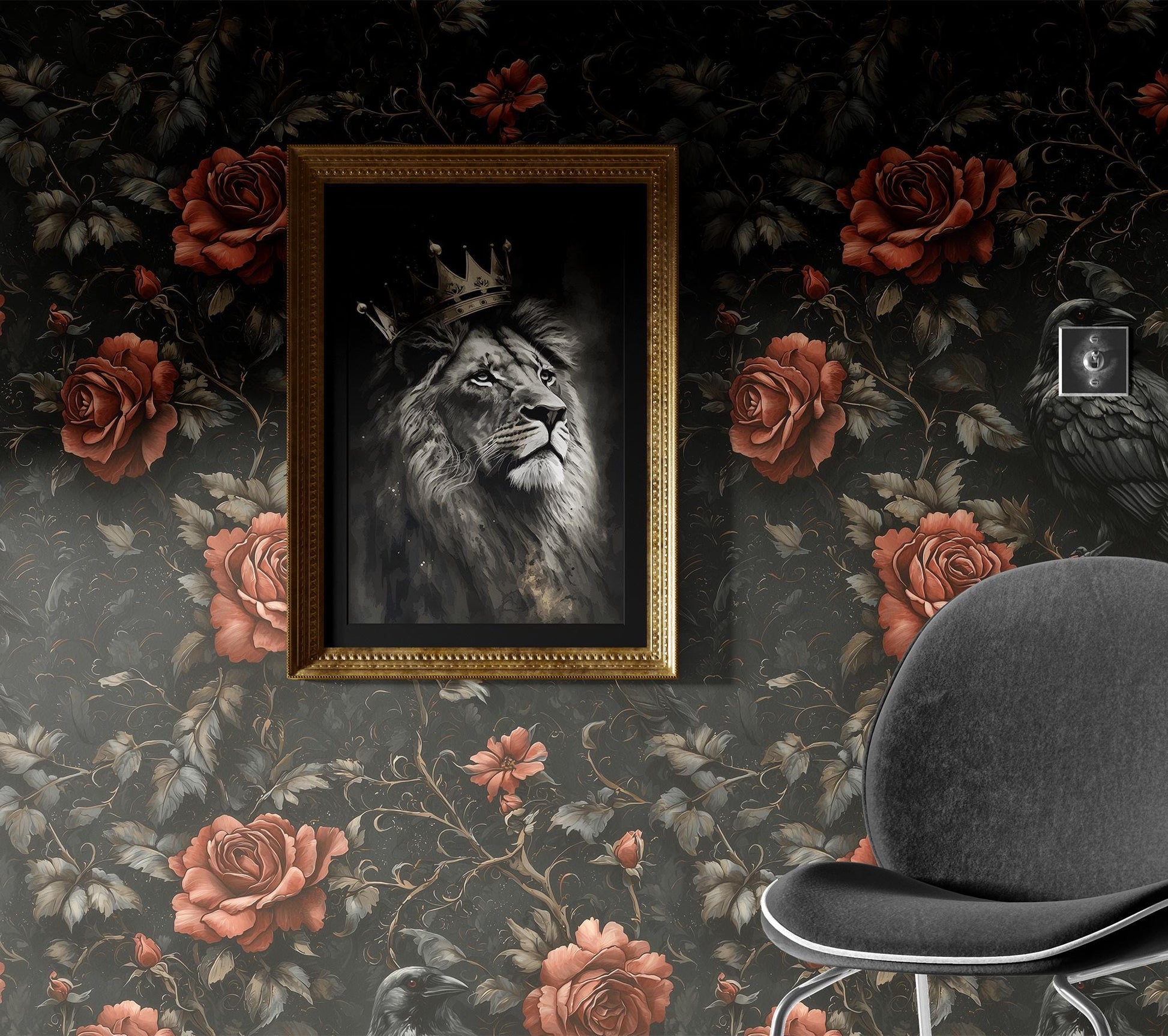 Gothic Raven Rose Renter Floral Wallpaper Pattern – lifestyle view, Golden Era Walls
