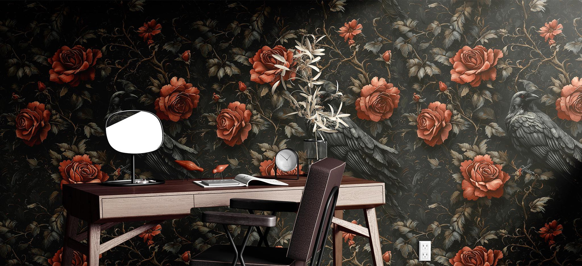 Gothic Raven Rose Renter Floral Wallpaper Pattern – peel and stick wallpaper mural, Golden Era Walls