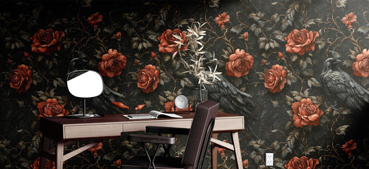 Gothic Raven Rose Renter Floral Wallpaper Pattern – peel and stick wallpaper mural, Golden Era Walls