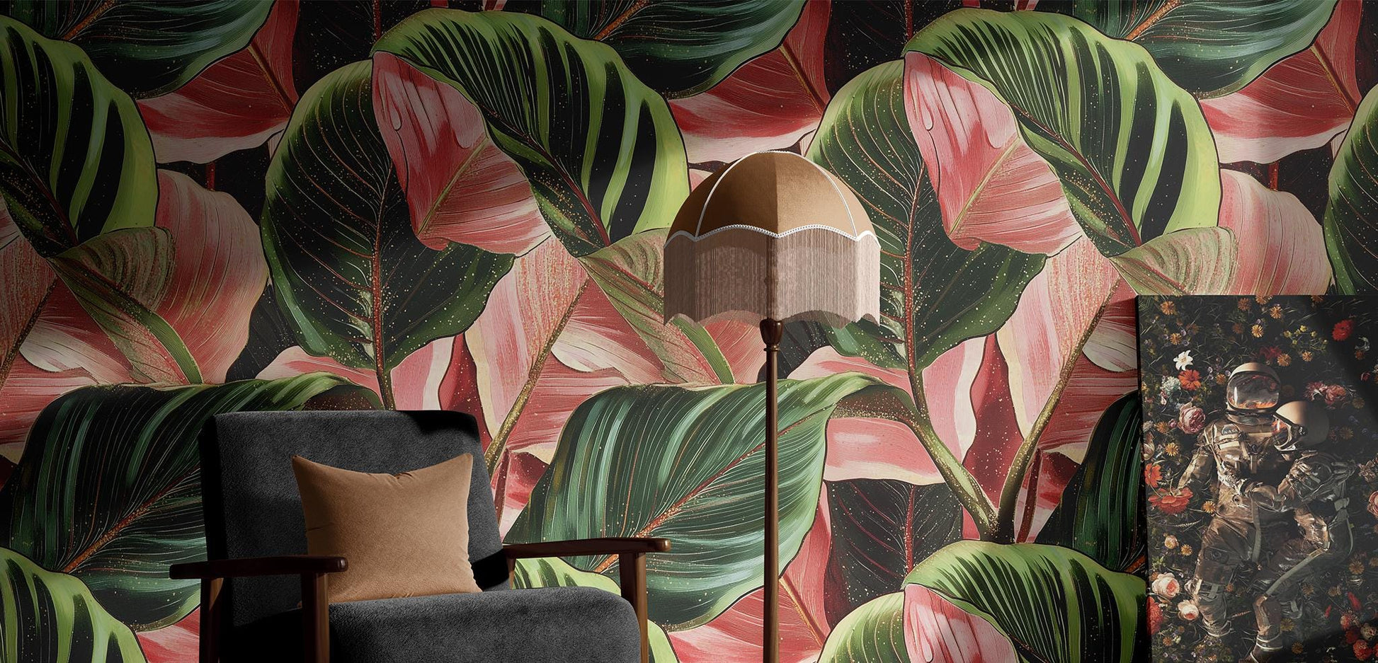 Green Pink Tropical Renter Floral Wallpaper Pattern – lifestyle view, Golden Era Walls