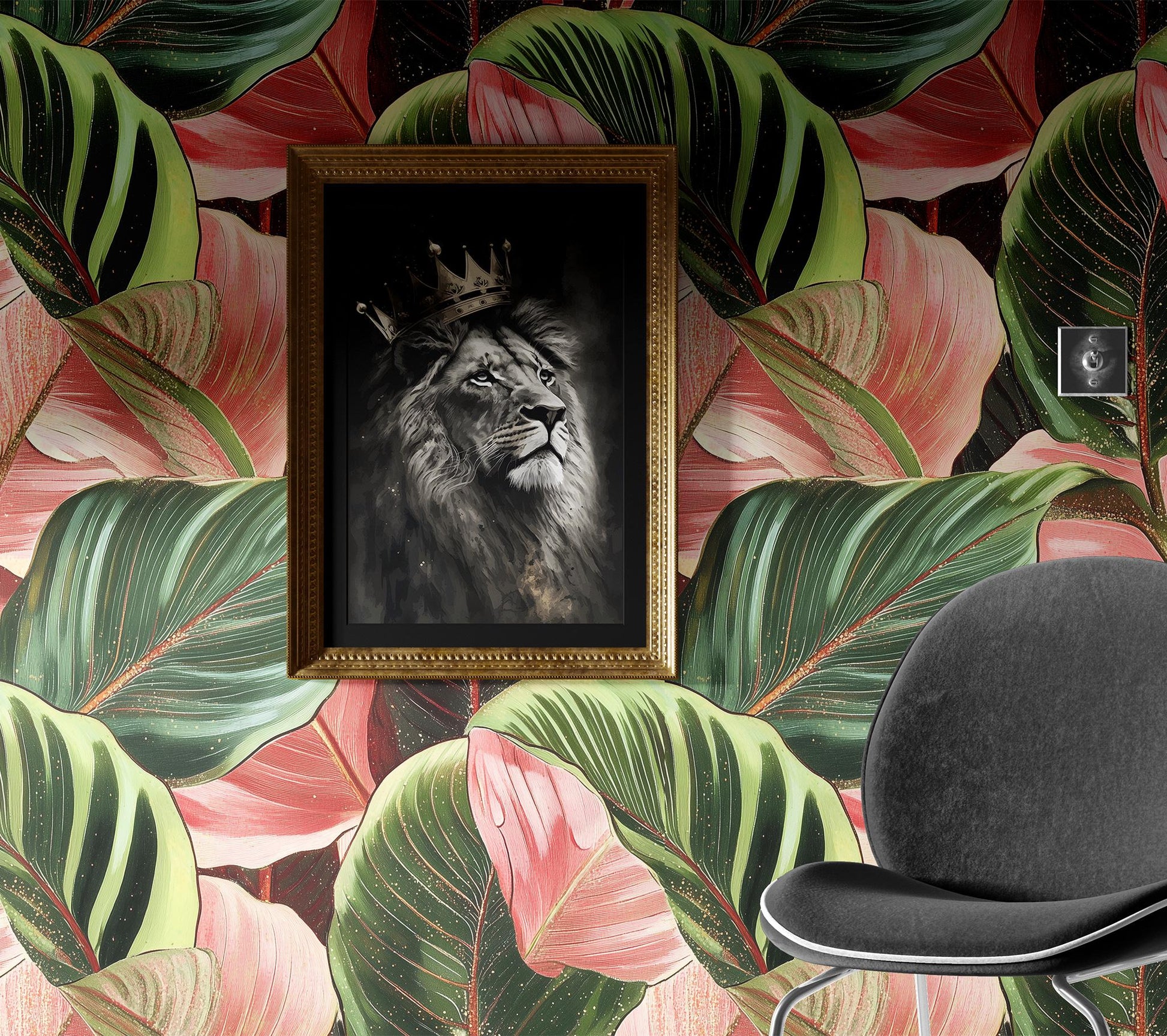Green Pink Tropical Renter Floral Wallpaper Pattern – detail view, Golden Era Walls