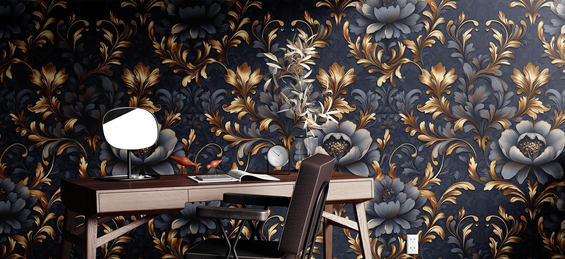Luxury Damask Floral Renter Floral Wallpaper Pattern – lifestyle view, Golden Era Walls