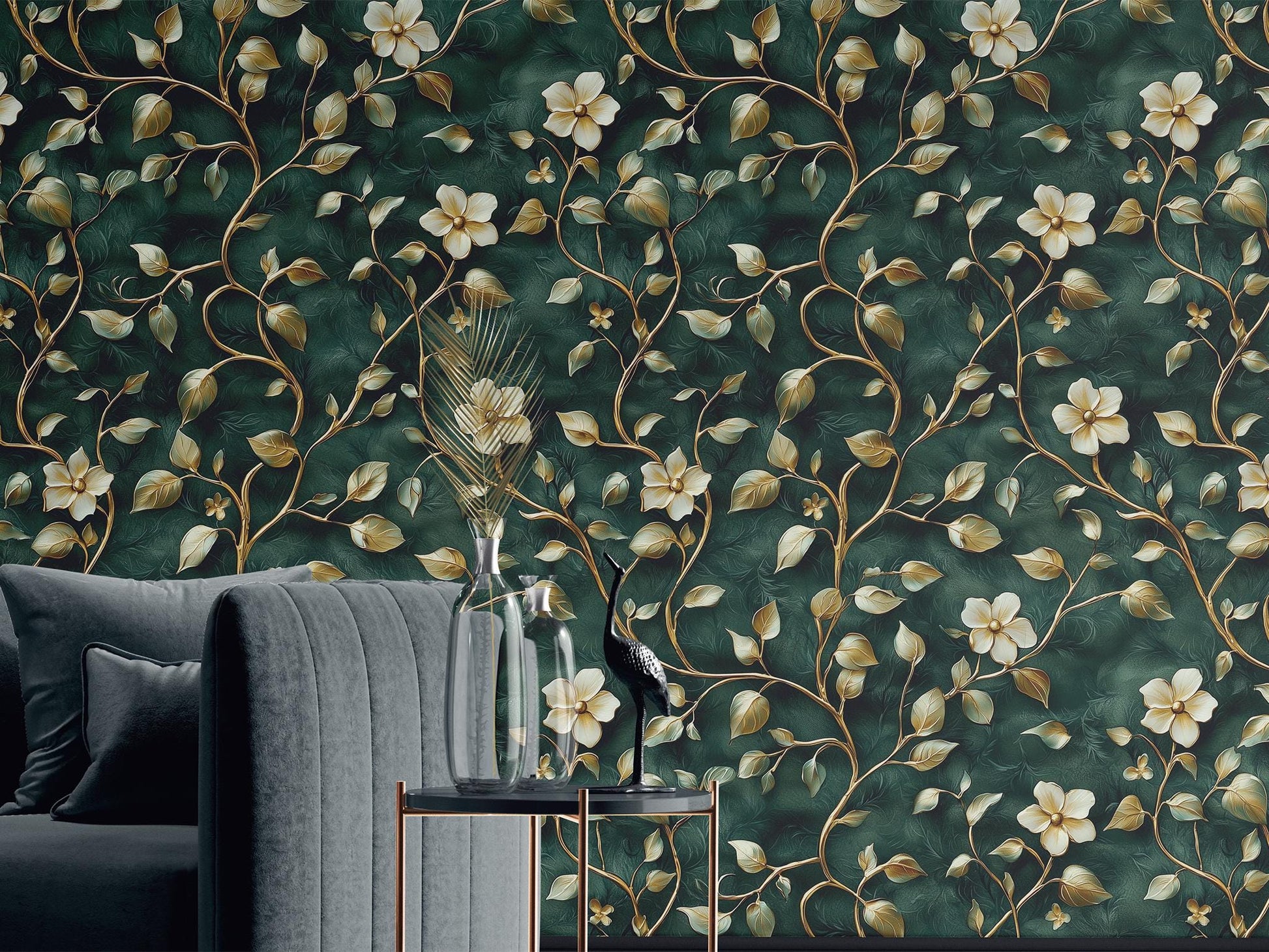 Luxury Floral Renter Friendly Floral Wallpaper Pattern – lifestyle view, Golden Era Walls