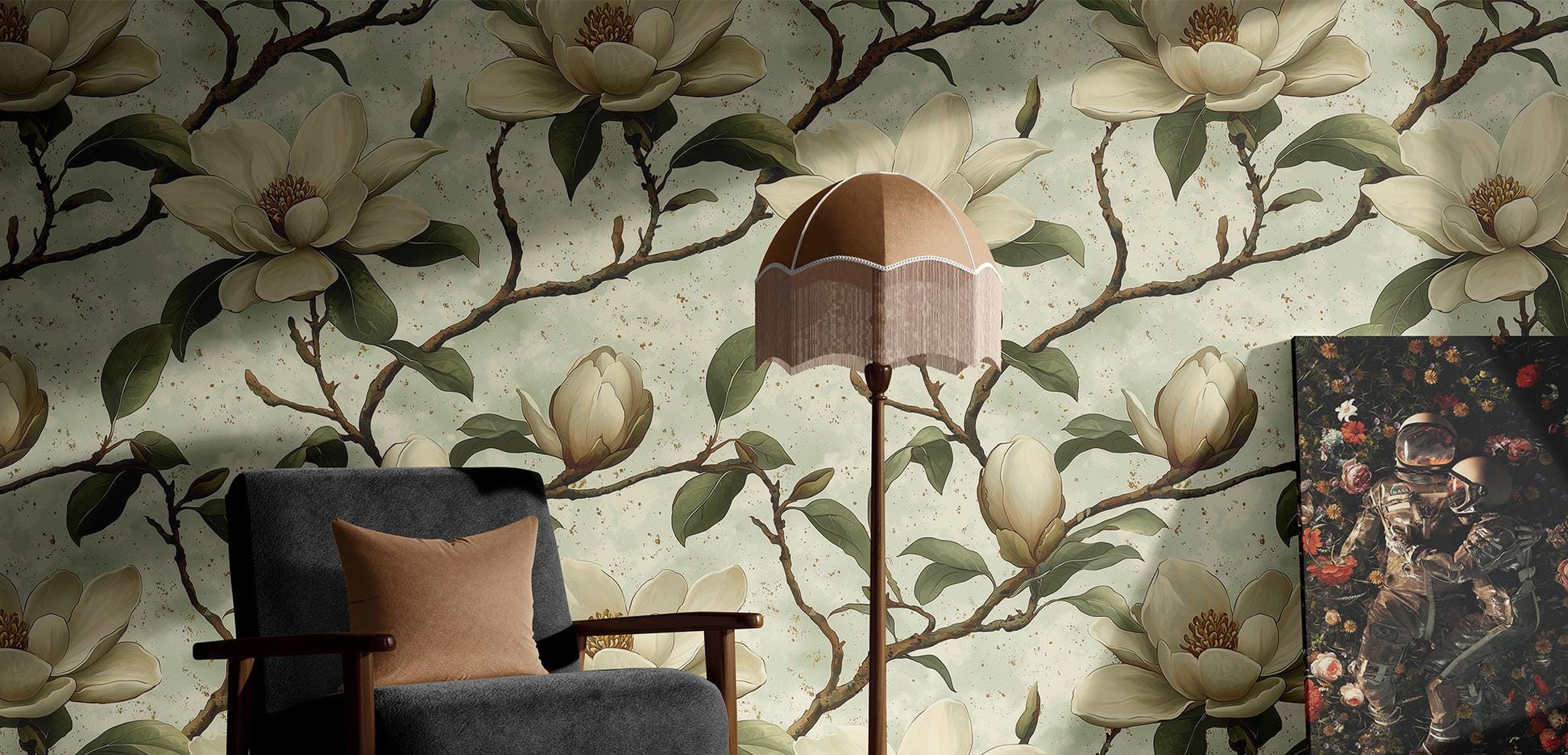 Magnolia Blossom Renter Friendly Floral Wallpaper Pattern – lifestyle view, Golden Era Walls