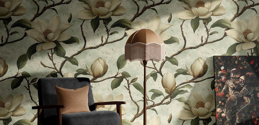 Magnolia Blossom Renter Friendly Floral Wallpaper Pattern – lifestyle view, Golden Era Walls