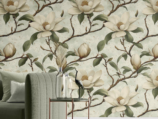 Magnolia Blossom Renter Friendly Floral Wallpaper Pattern – peel and stick wallpaper mural, Golden Era Walls