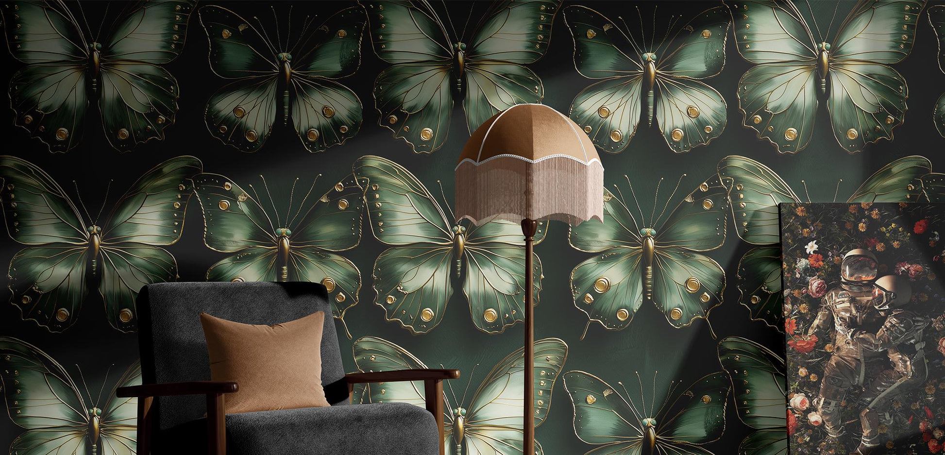 Old Green Butterfly Renter Floral Wallpaper Pattern – room setting, Golden Era Walls