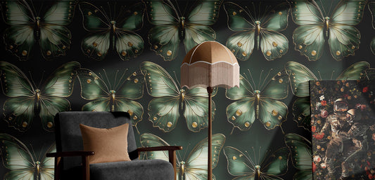Old Green Butterfly Renter Floral Wallpaper Pattern – room setting, Golden Era Walls