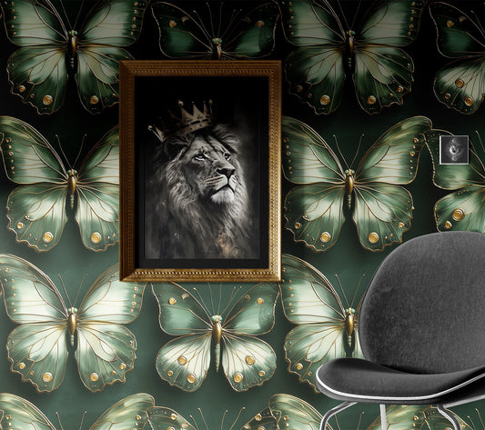 Old Green Butterfly Renter Floral Wallpaper Pattern – lifestyle view, Golden Era Walls