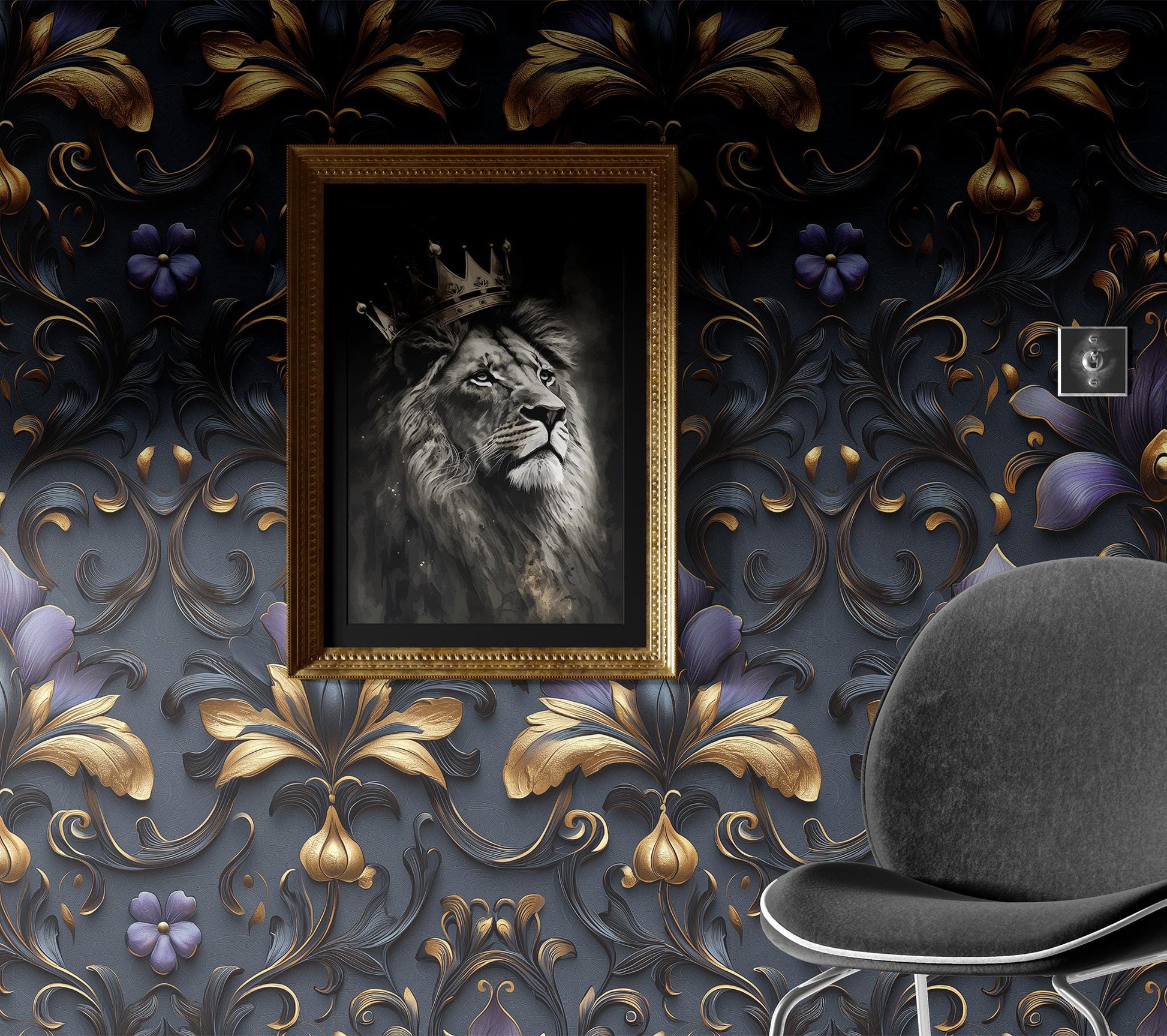 Purple Gold Damask Renter Wallpaper Pattern – detail view, Golden Era Walls