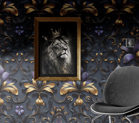 Purple Gold Damask Renter Wallpaper Pattern – detail view, Golden Era Walls