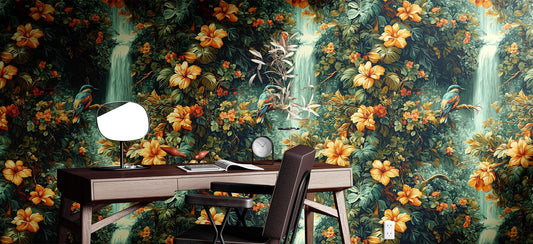 Tropical Jungle Renter Friendly Floral Wallpaper Pattern – lifestyle view, Golden Era Walls