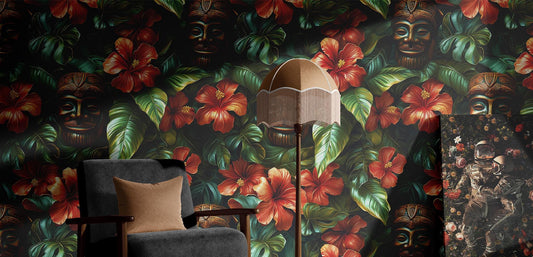 Tropical Tiki Renter Friendly Floral Wallpaper Pattern – room setting, Golden Era Walls