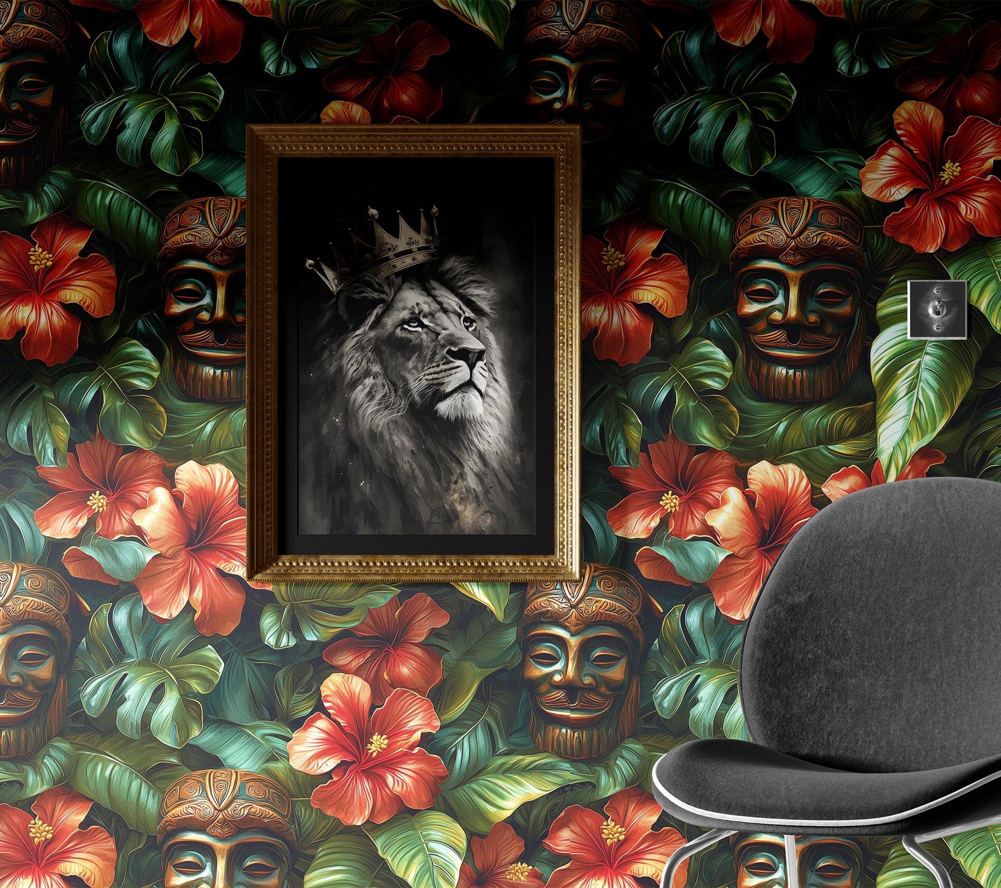 Tropical Tiki Renter Friendly Floral Wallpaper Pattern – detail view, Golden Era Walls