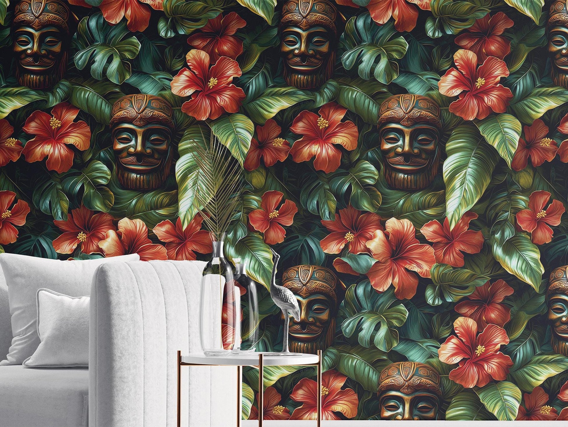 Tropical Tiki Renter Friendly Floral Wallpaper Pattern – peel and stick wallpaper mural, Golden Era Walls