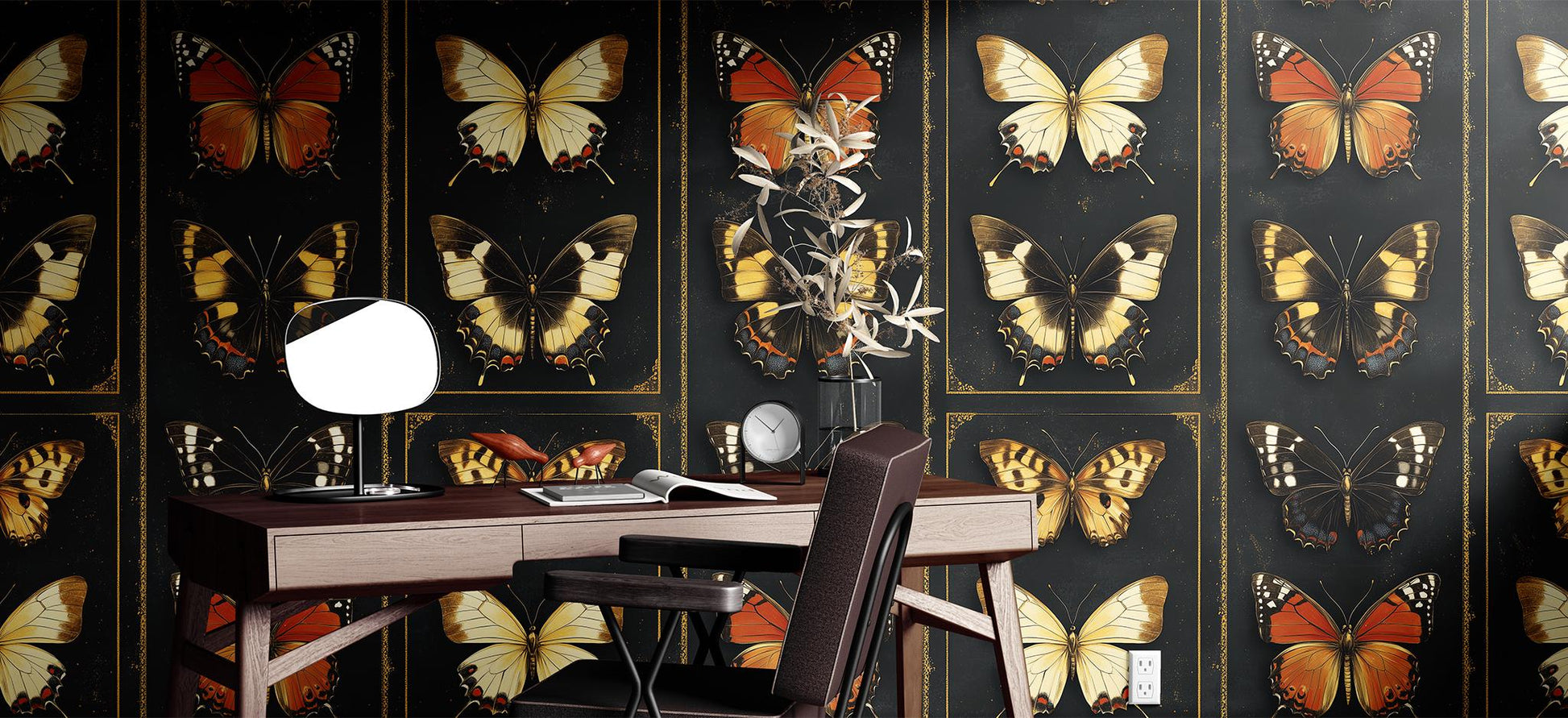 Vintage Butterfly Display Renter Floral Wallpaper Pattern – lifestyle view, Golden Era Walls