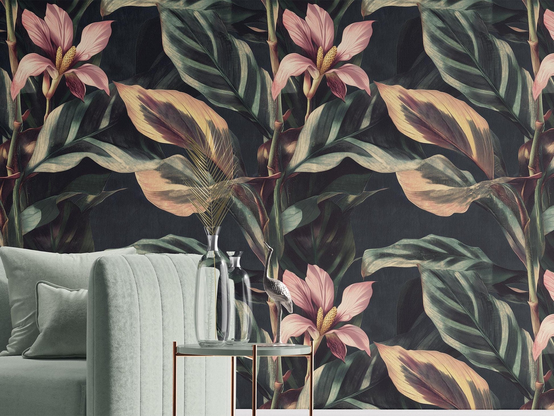 Vintage Jungle Leaf Renter Floral Wallpaper Pattern – peel and stick wallpaper mural, Golden Era Walls
