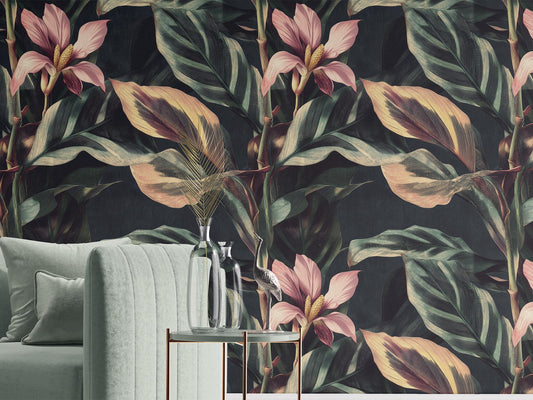 Vintage Jungle Leaf Renter Floral Wallpaper Pattern – peel and stick wallpaper mural, Golden Era Walls