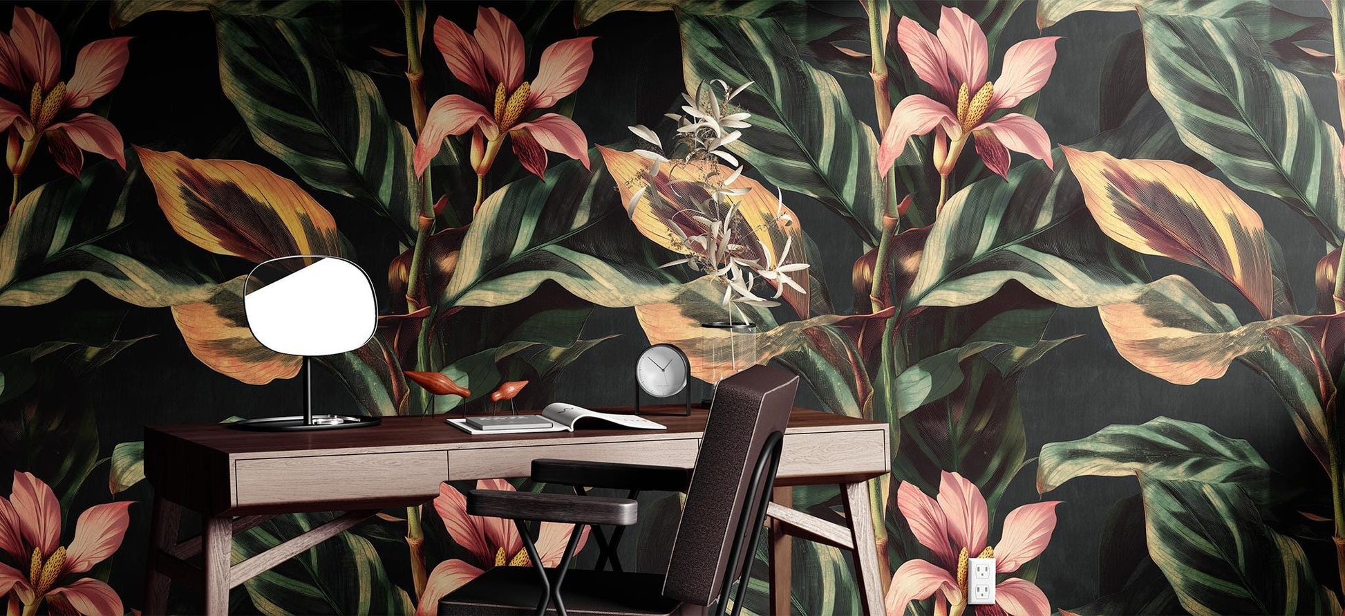 Vintage Jungle Leaf Renter Floral Wallpaper Pattern – lifestyle view, Golden Era Walls
