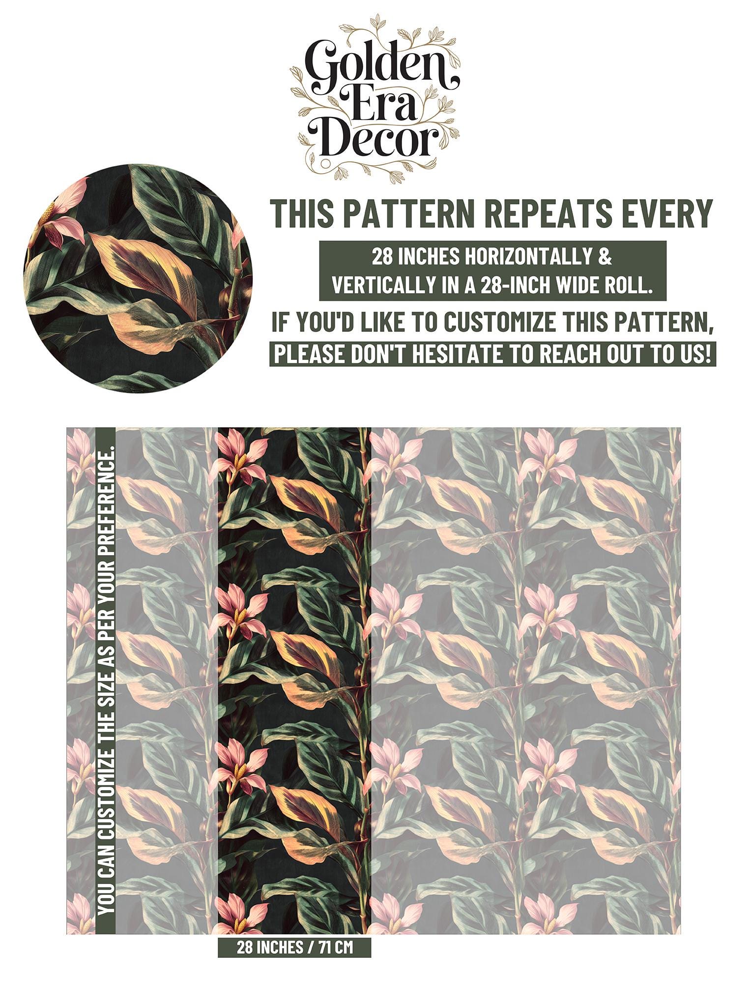 Vintage Jungle Leaf Renter Floral Wallpaper Pattern – scale reference, Golden Era Walls