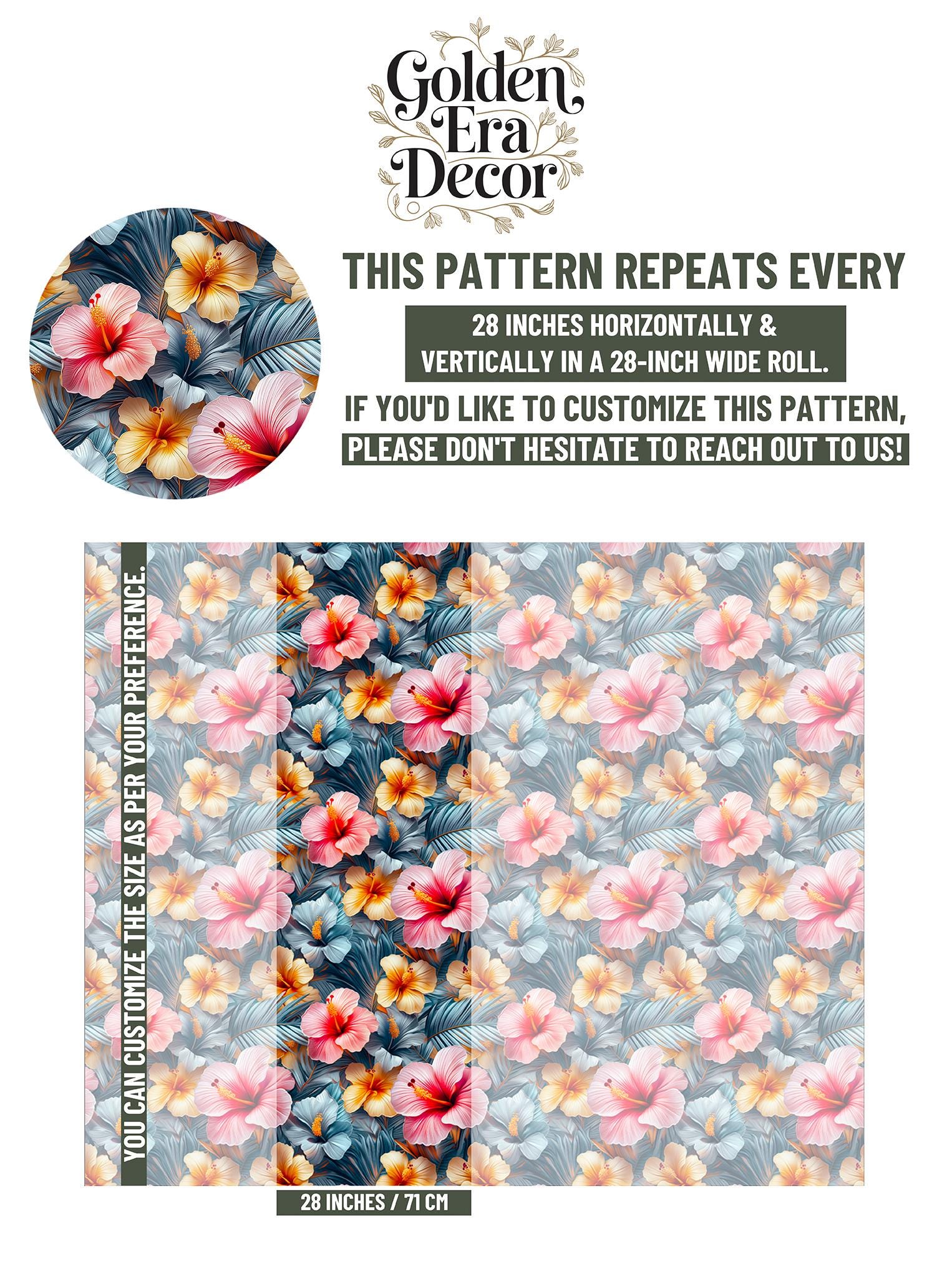 Vibrant Island Flower Renter Floral Wallpaper Pattern – scale reference, Golden Era Walls