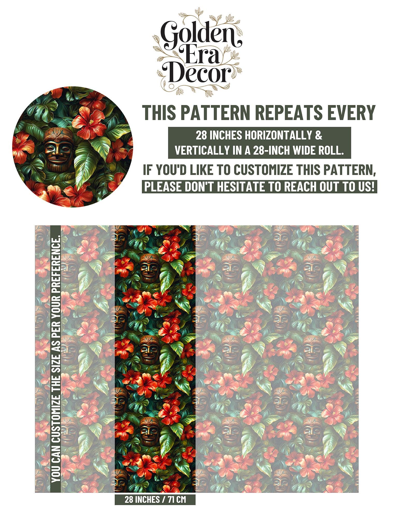 Tropical Tiki Renter Friendly Floral Wallpaper Pattern – scale reference, Golden Era Walls
