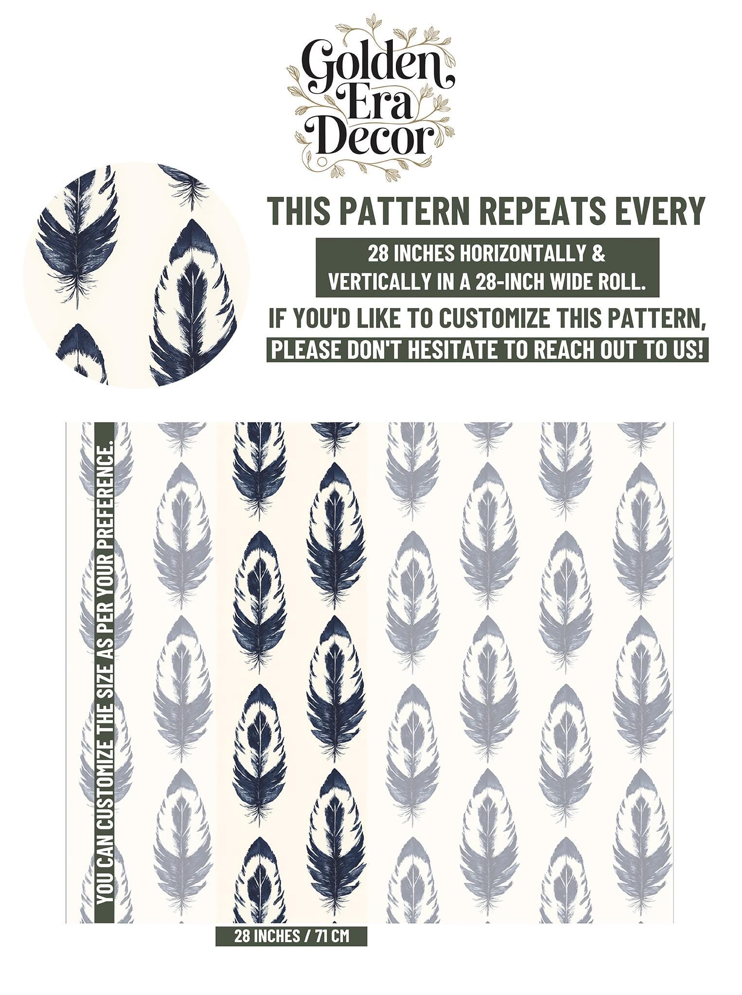 Hand Drawn Feather Renter Floral Wallpaper Pattern – scale reference, Golden Era Walls