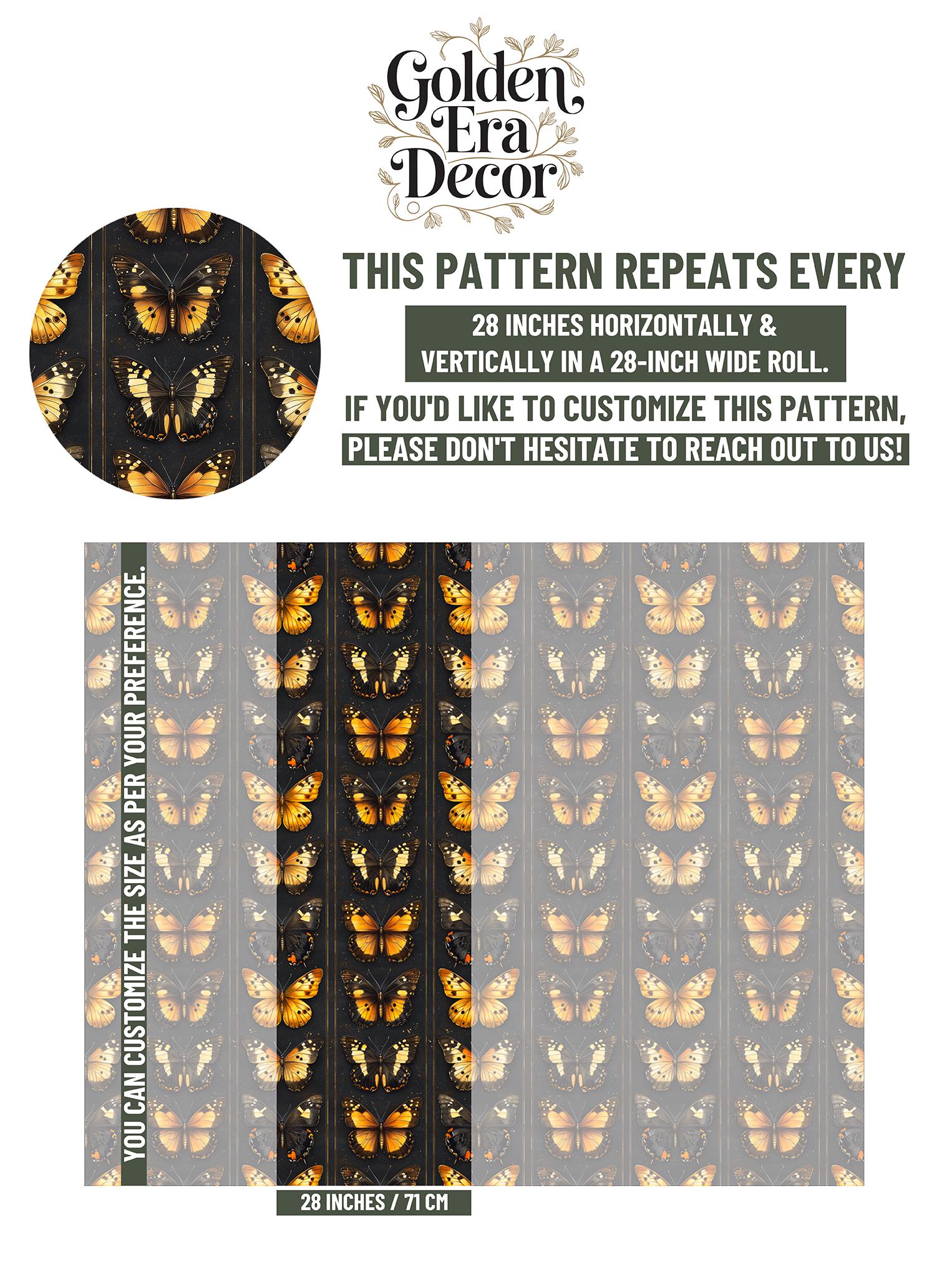 Golden Butterfly Display Renter Wallpaper Pattern – scale reference, Golden Era Walls