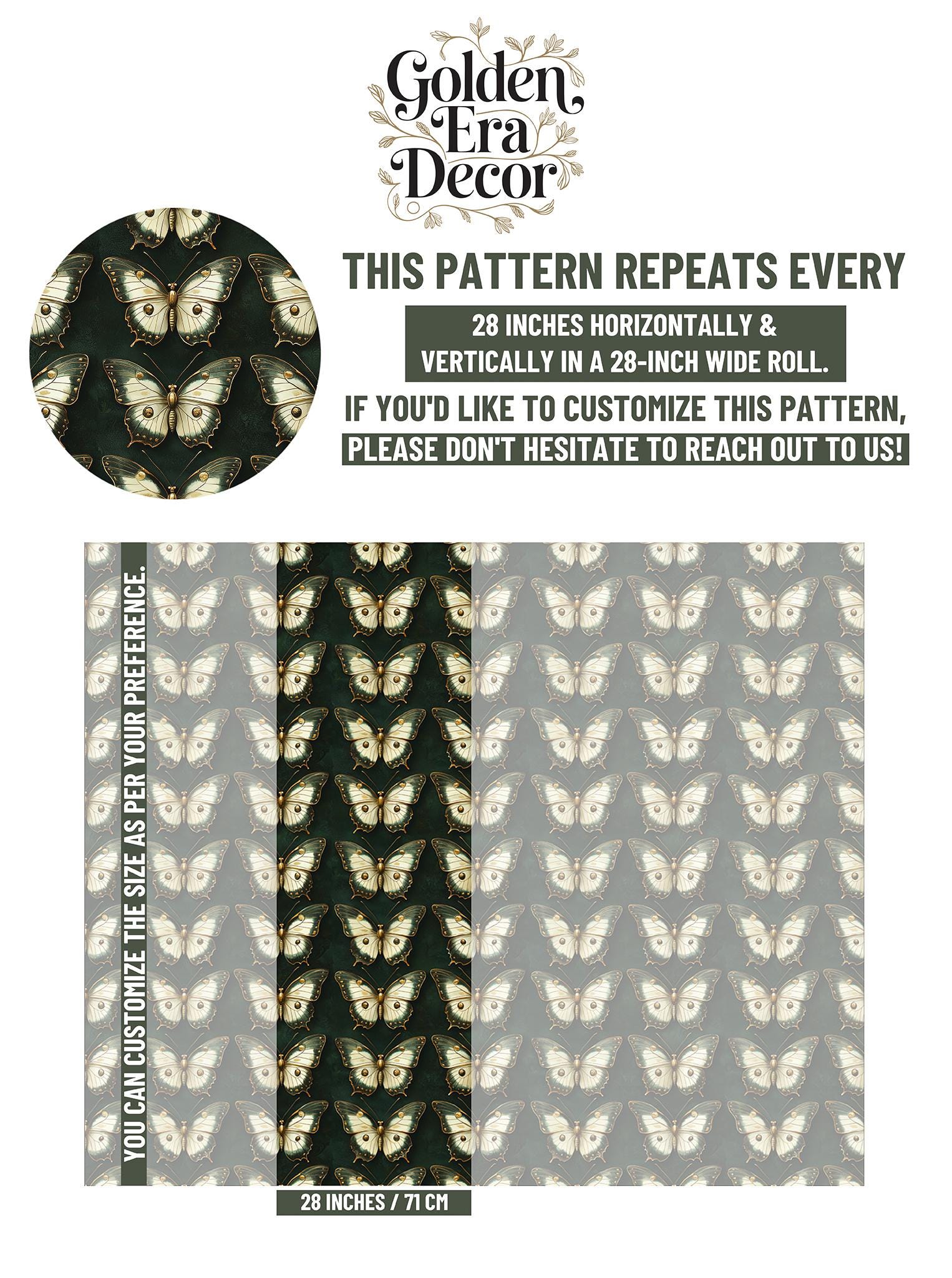Emerald Green Butterfly Renter Floral Wallpaper Pattern – scale reference, Golden Era Walls