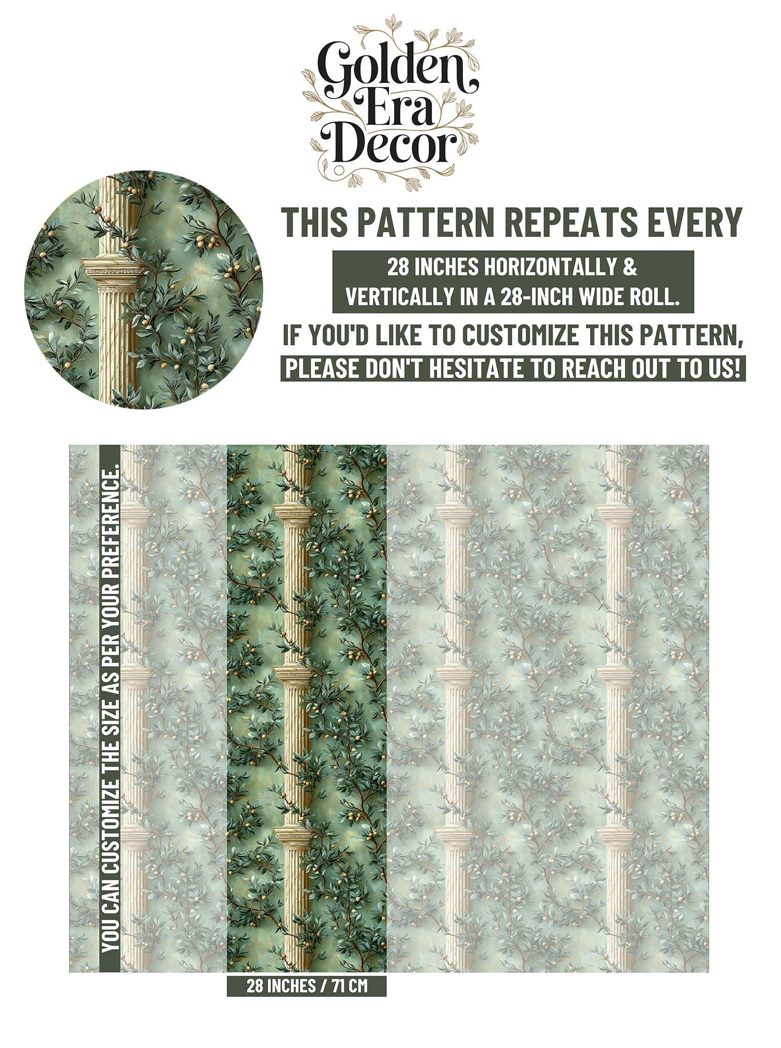 Classic Mediterranean Renter Friendly Floral Wallpaper Pattern – scale reference, Golden Era Walls