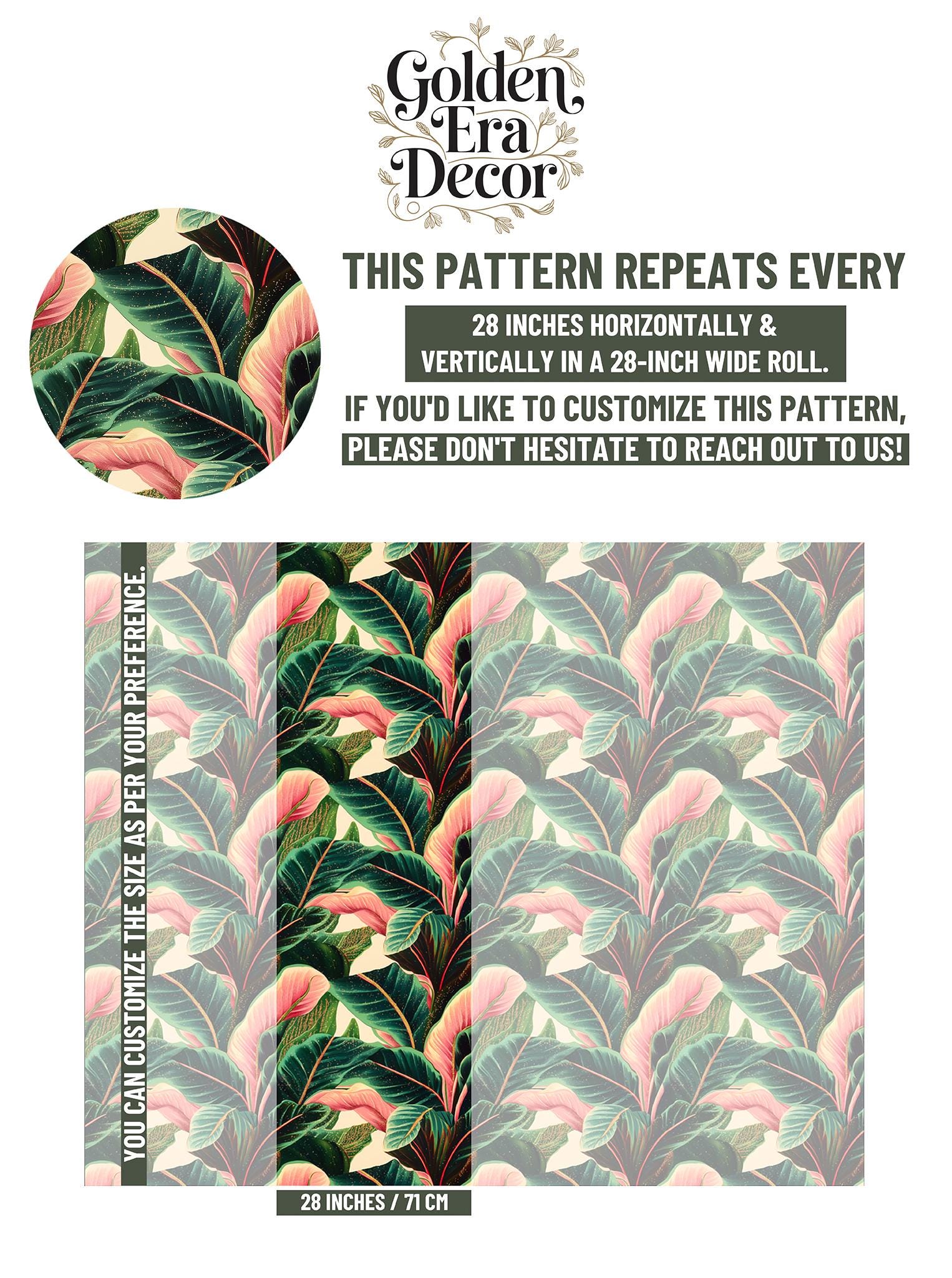 Bold Tropical Banana Leaf Floral Wallpaper Pattern – scale reference, Golden Era Walls