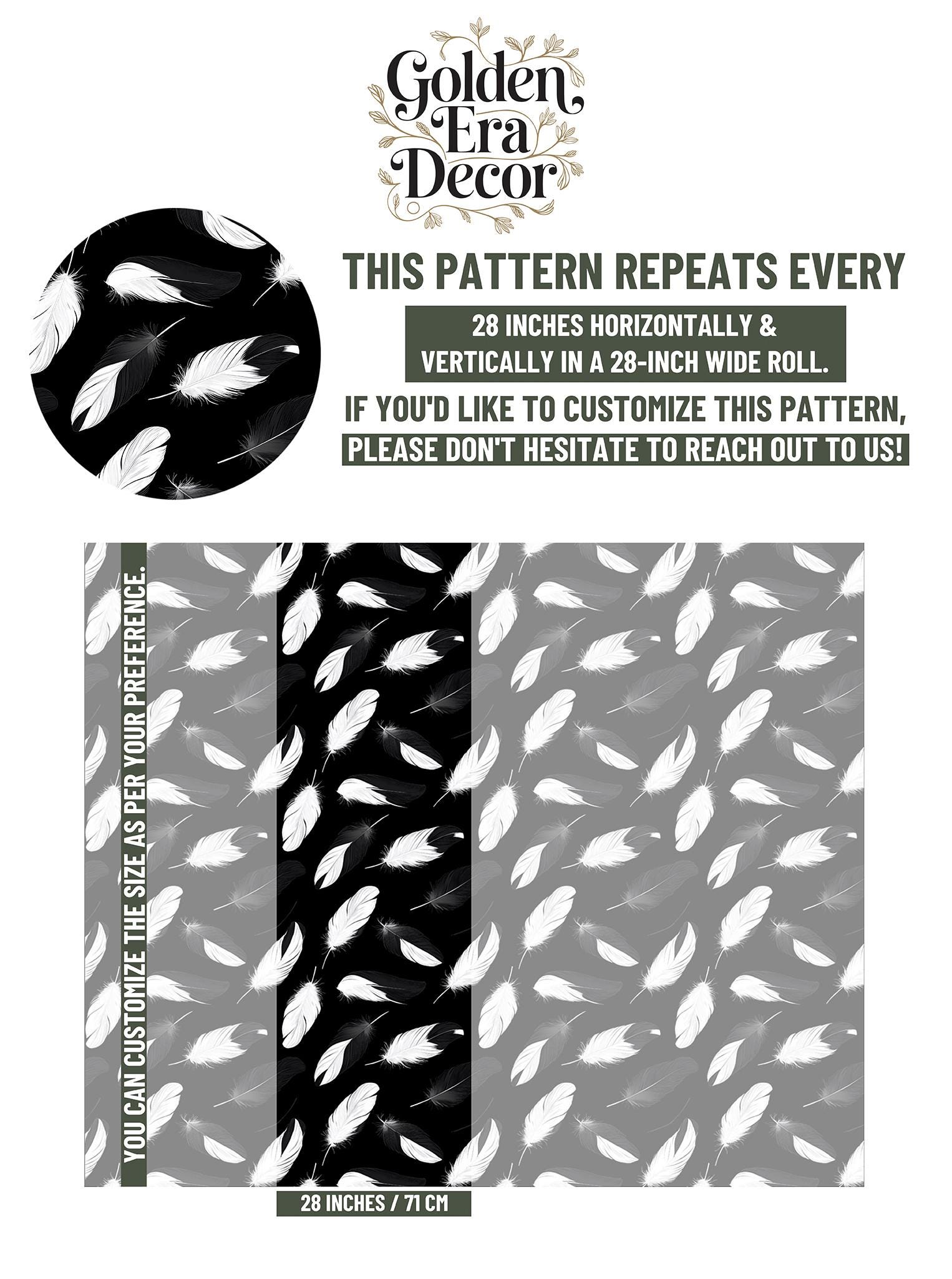 Black White Feather Renter Geometric Wallpaper Pattern – scale reference, Golden Era Walls