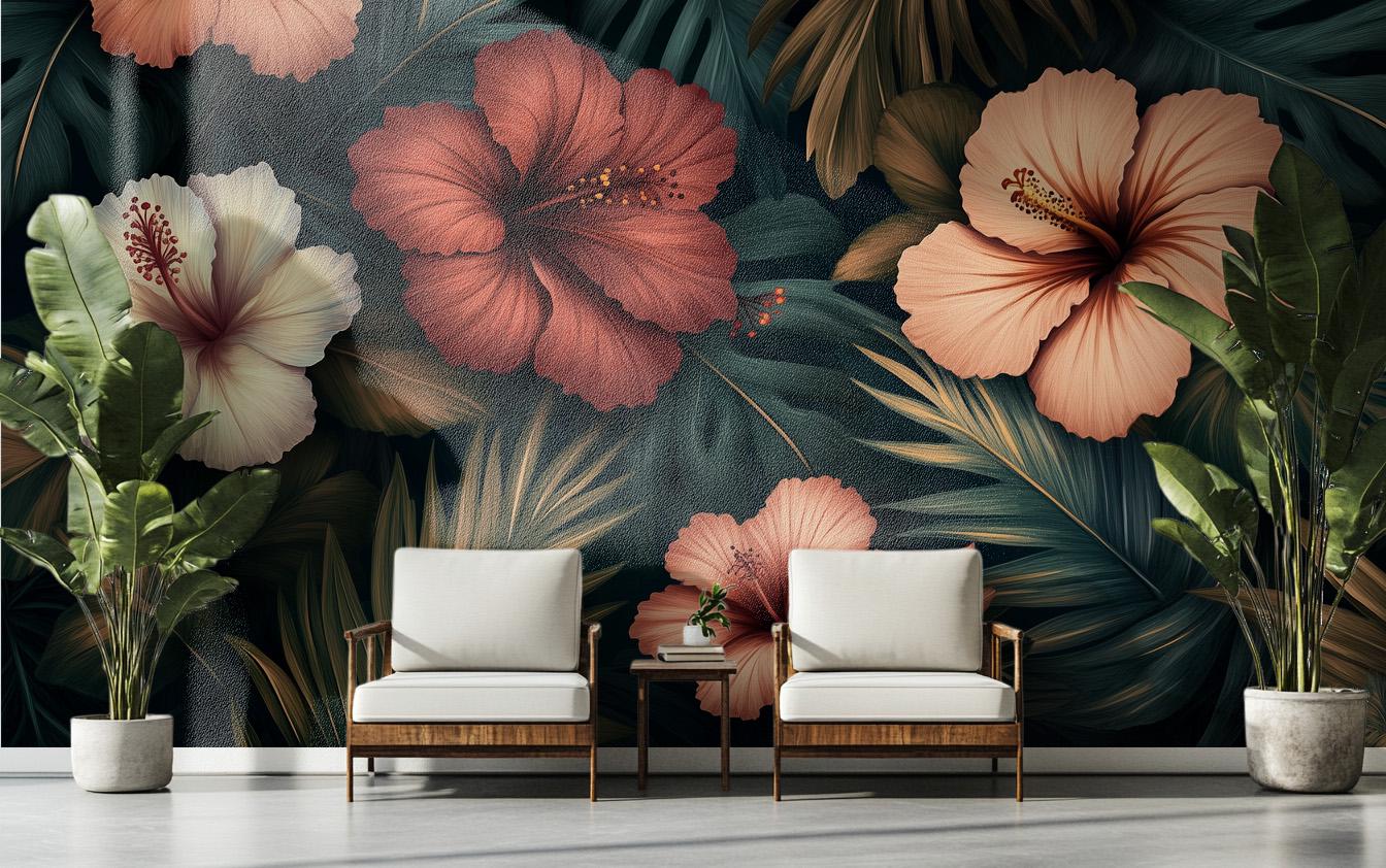 Vintage Hibiscus Dark Jungle Floral Wallpaper – scale reference, Golden Era Walls